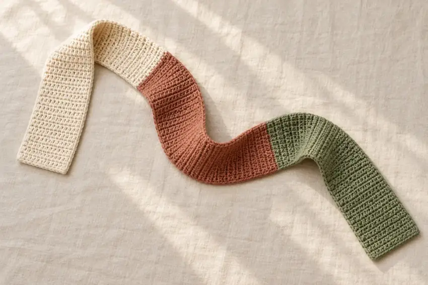AI concept illustration for Three-Block Crochet Scarf — Cream, Terracotta & Sage